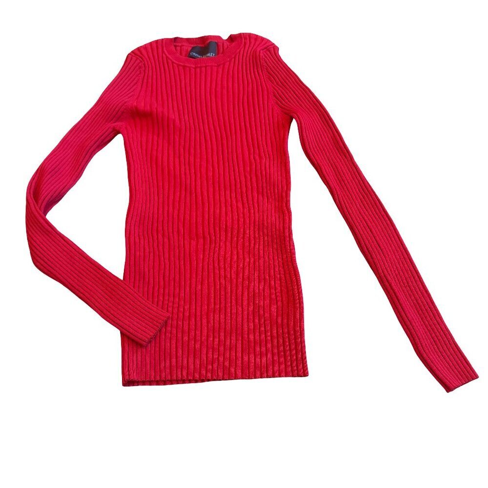 Cynthia Rowley Red Ribbed Pullover Sweater Crew Neck Stretch Bold Size XS Womens